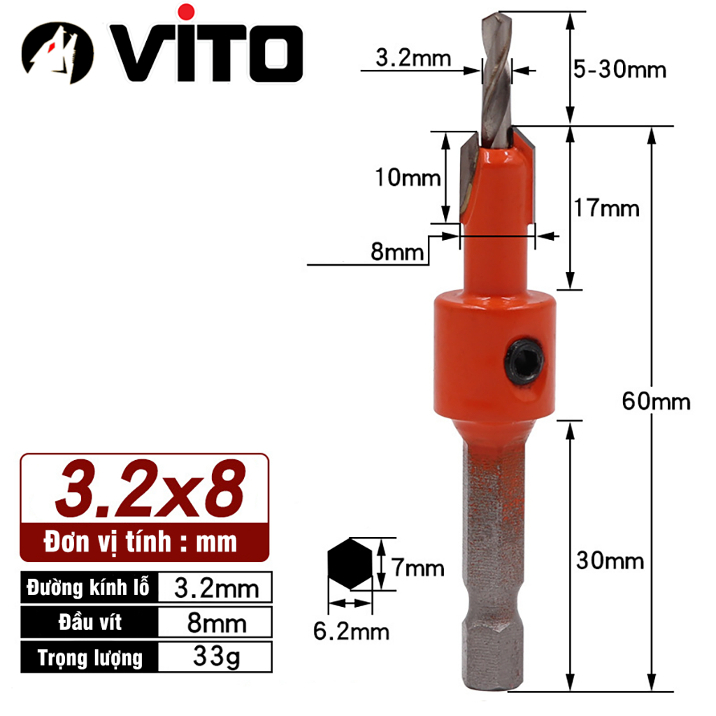 Mũi Khoan Doa Âm Vít Gỗ Chân Lục Giác Vuông Góc 2 Tầng VITO Thép HSS 4341