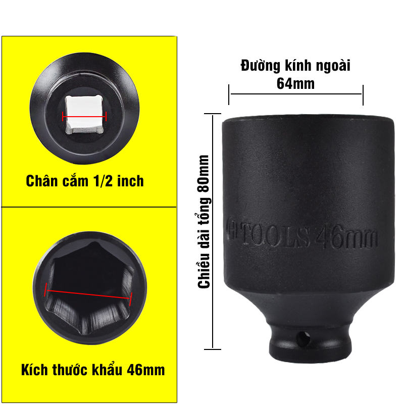 Đầu Tuýp Khẩu Đen CR-MO Kích Thước 34-46MM Dài 78MM Chân 1/2 Inch VITO