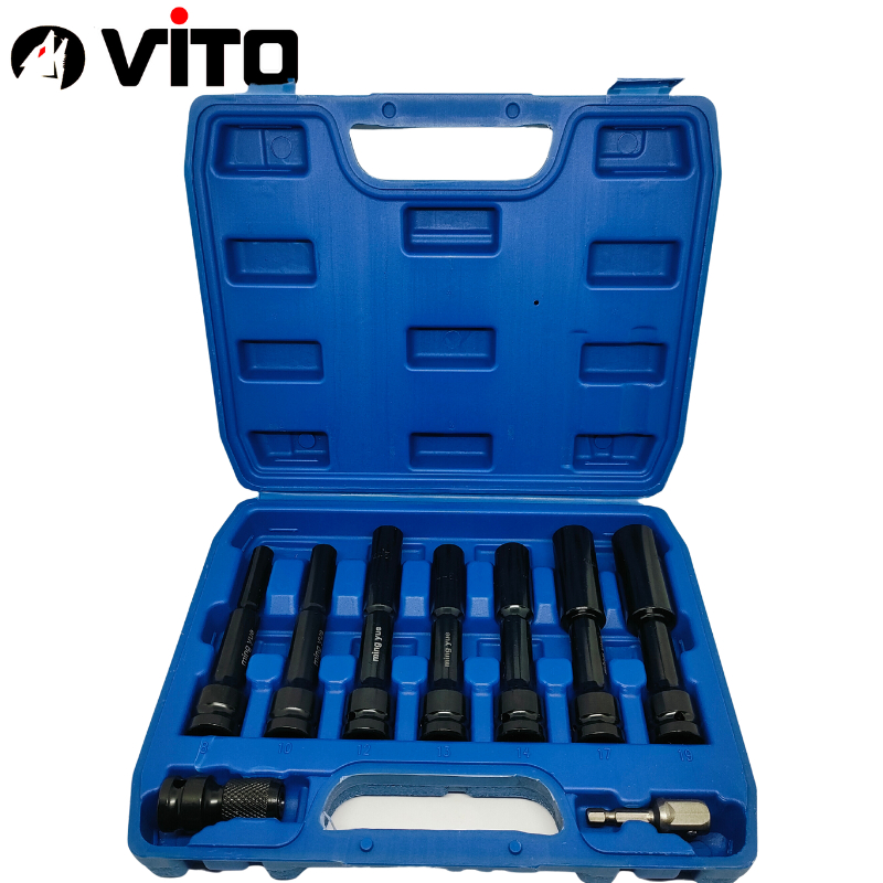 Hộp 9 Chi Tiết (7 Khẩu + 2 Đầu Nối) Ống Khẩu Bulong 8-19mm Dài 120mm Chân 1/2 Inch VITO Thép CR-V