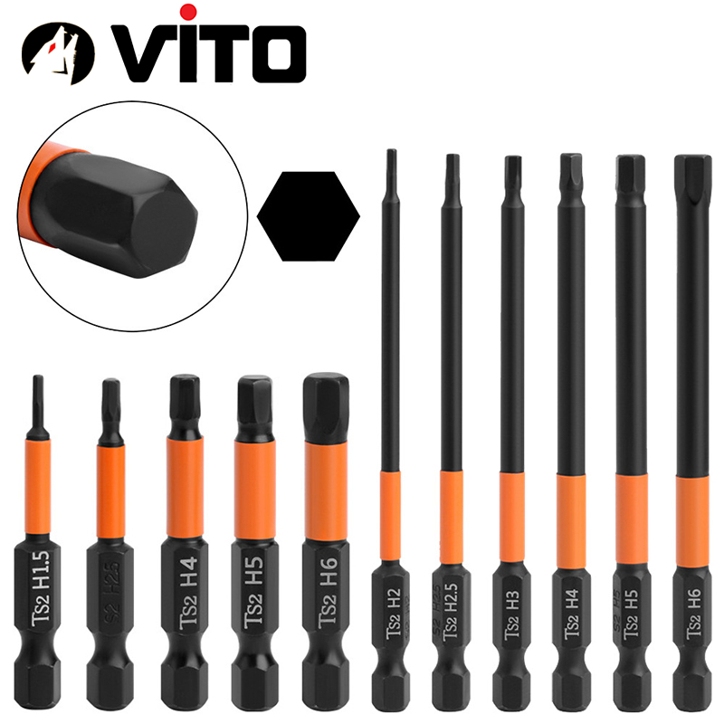 Mũi Vít Lục Giác 6 Cạnh Có Từ Tính VITO Dài 50mm 100mm Kích Cỡ H1.5 H2 H2.5 H3 H4 H5 H6 Thép Đen Độ Cứng Cao