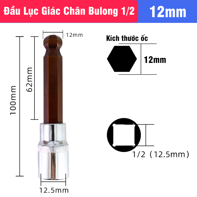 Mũi Vít Lục Giác Có Bi Chân Bulong 1/2 VITO Dài 100mm Gắn Máy Siết Bulong, Tay Khẩu Thép CR-V