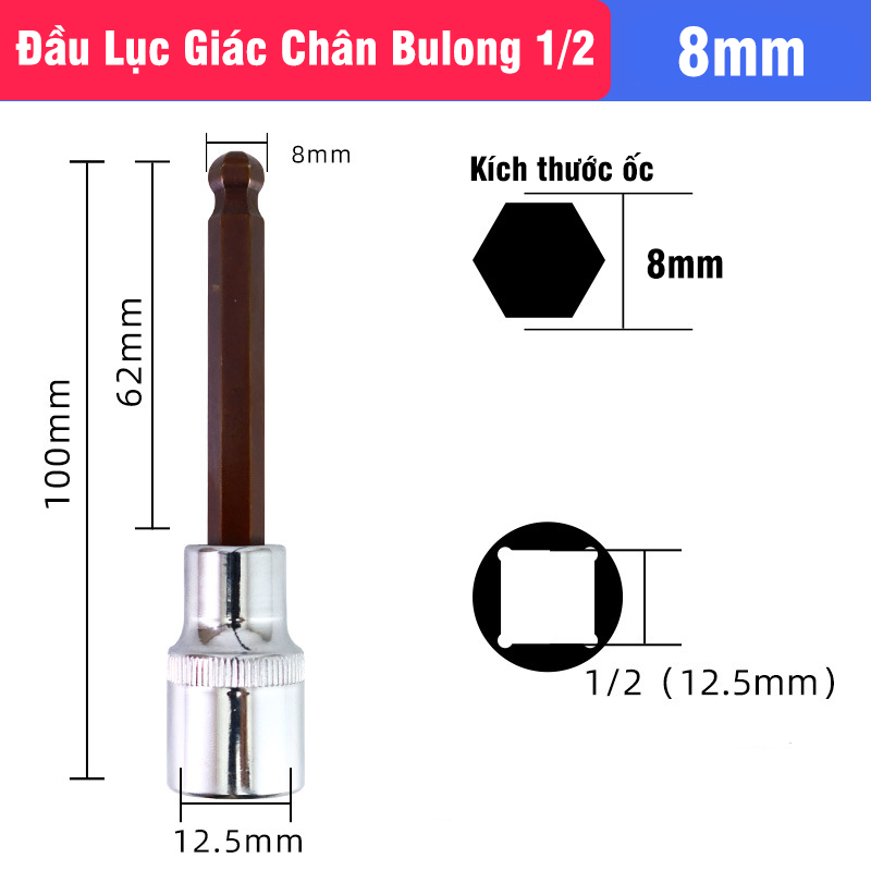 Mũi Vít Lục Giác Có Bi Chân Bulong 1/2 VITO Dài 100mm Gắn Máy Siết Bulong, Tay Khẩu Thép CR-V