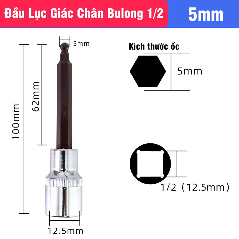 Mũi Vít Lục Giác Có Bi Chân Bulong 1/2 VITO Dài 100mm Gắn Máy Siết Bulong, Tay Khẩu Thép CR-V