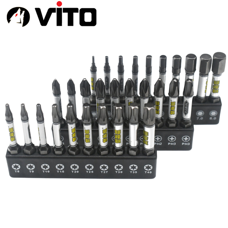 Bộ 10 Mũi Bắn Vít Dài 50mm Thép D2 Công Nghiệp Siêu Cứng VITO Từ Tính Cao Chân Lục Giác Ngắn