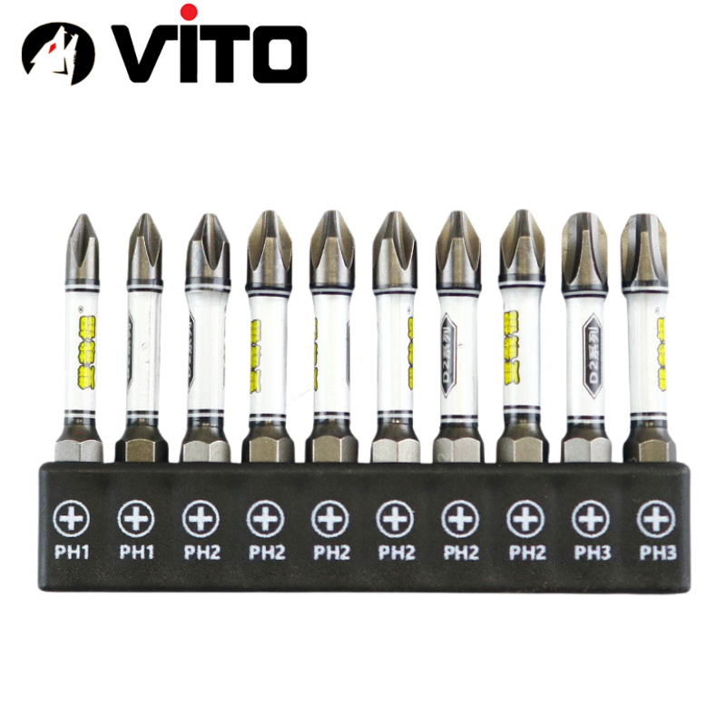 Bộ 10 Mũi Bắn Vít Dài 50mm Thép D2 Công Nghiệp Siêu Cứng VITO Từ Tính Cao Chân Lục Giác Ngắn