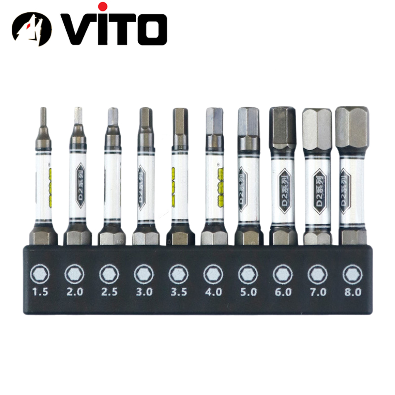 Bộ 10 Mũi Bắn Vít Dài 50mm Thép D2 Công Nghiệp Siêu Cứng VITO Từ Tính Cao Chân Lục Giác Ngắn