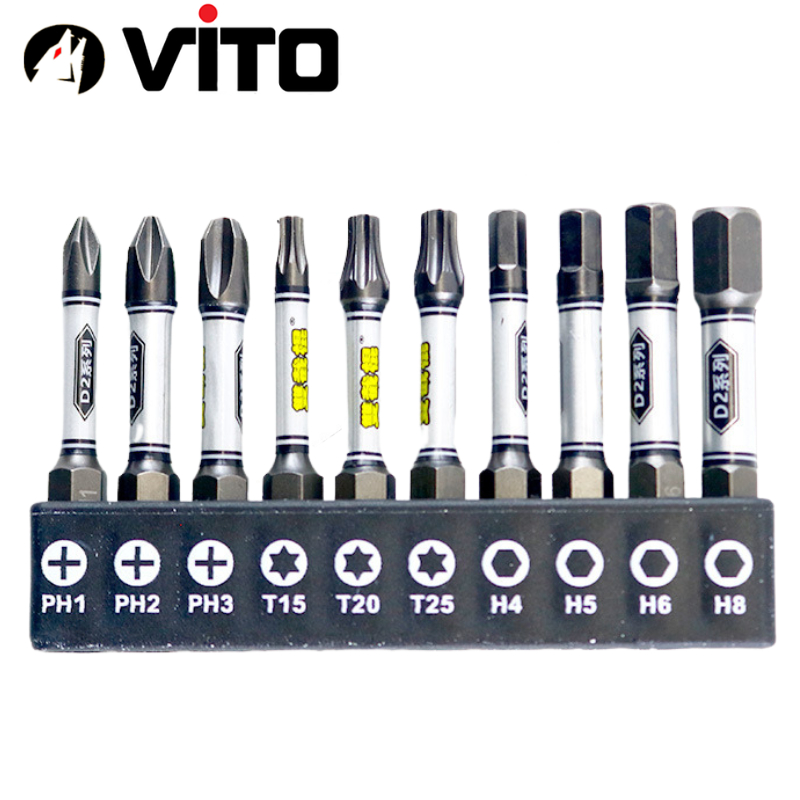 Bộ 10 Mũi Bắn Vít Dài 50mm Thép D2 Công Nghiệp Siêu Cứng VITO Từ Tính Cao Chân Lục Giác Ngắn
