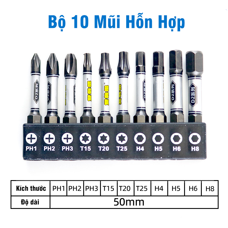 Bộ 10 Mũi Bắn Vít Dài 50mm Thép D2 Công Nghiệp Siêu Cứng VITO Từ Tính Cao Chân Lục Giác Ngắn