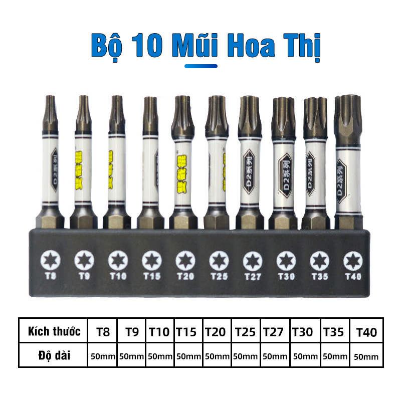 Bộ 10 Mũi Bắn Vít Dài 50mm Thép D2 Công Nghiệp Siêu Cứng VITO Từ Tính Cao Chân Lục Giác Ngắn