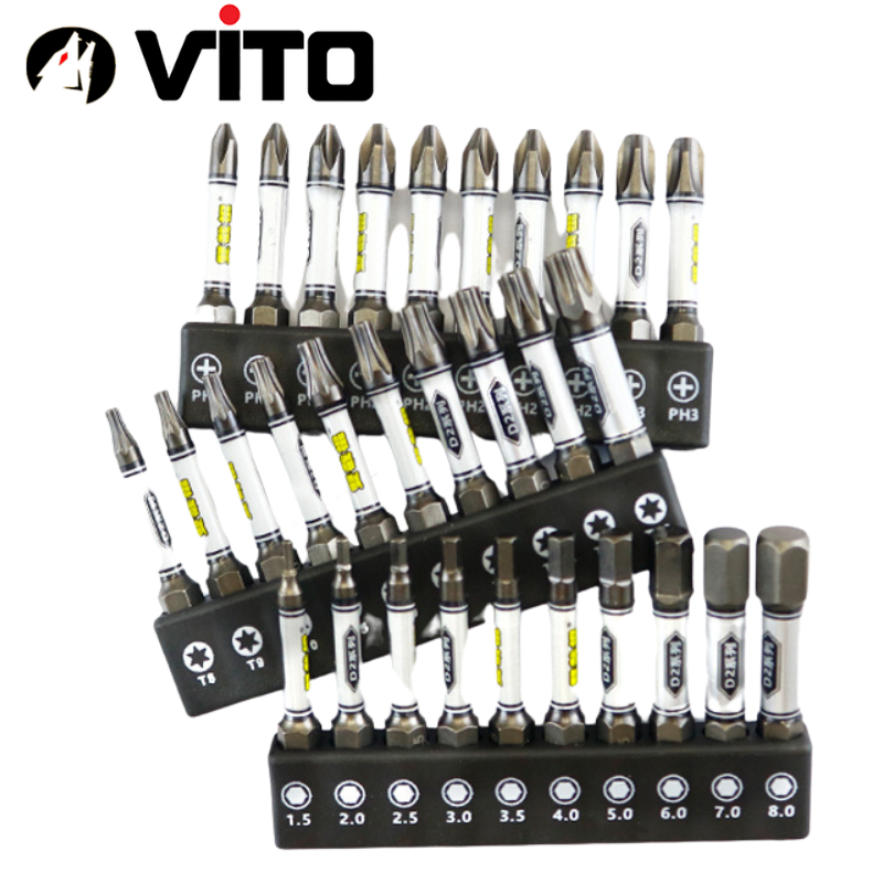 Bộ 10 Mũi Bắn Vít Dài 50mm Thép D2 Công Nghiệp Siêu Cứng VITO Từ Tính Cao Chân Lục Giác Ngắn