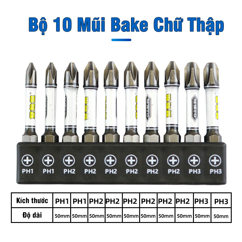 Bộ 10 Mũi Bắn Vít Dài 50mm Thép D2 Công Nghiệp Siêu Cứng VITO Từ Tính Cao Chân Lục Giác Ngắn