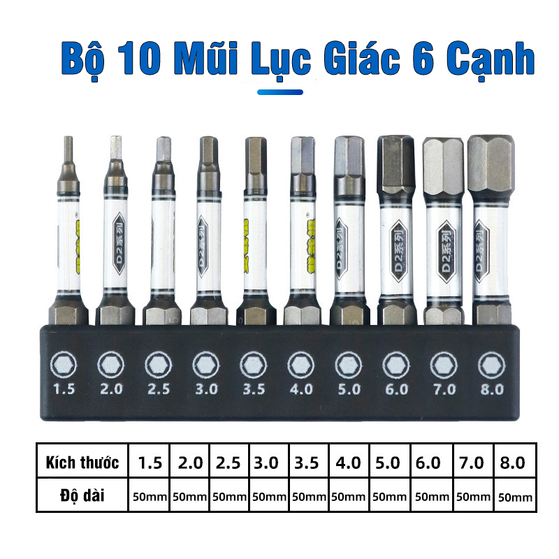Bộ 10 Mũi Bắn Vít Dài 50mm Thép D2 Công Nghiệp Siêu Cứng VITO Từ Tính Cao Chân Lục Giác Ngắn