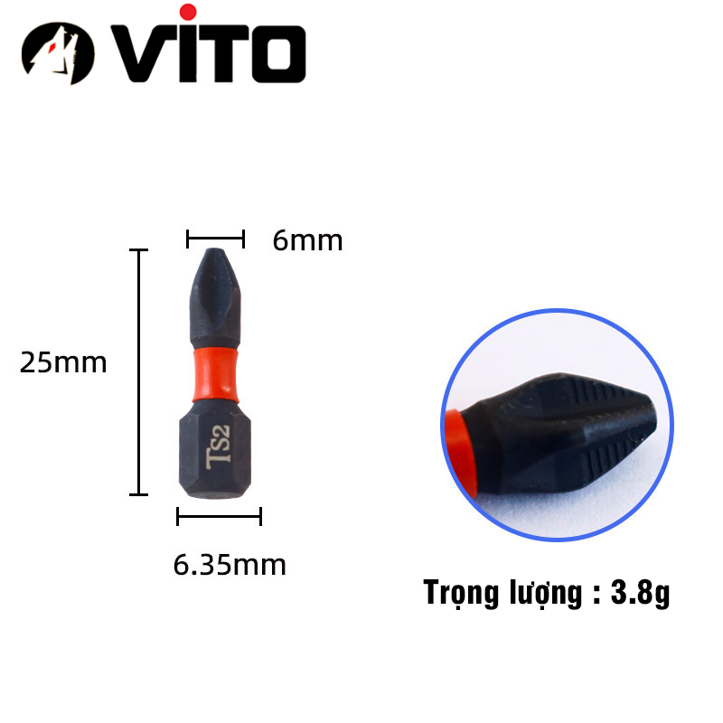Mũi Bắn Vít Đầu PH2 Bake Chữ Thập VITO Từ Tính Cao, Chân Lục Giác Ngắn 6.35mm