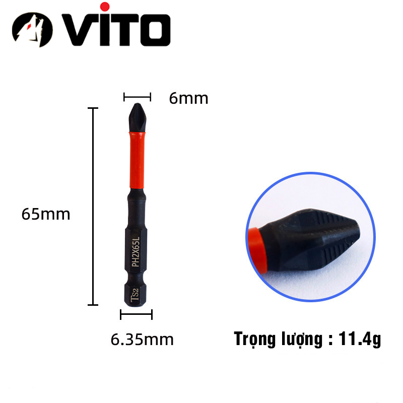 Mũi Bắn Vít Đầu PH2 Bake Chữ Thập VITO Từ Tính Cao, Chân Lục Giác Ngắn 6.35mm