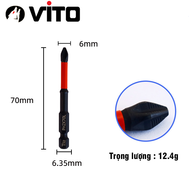 Mũi Bắn Vít Đầu PH2 Bake Chữ Thập VITO Từ Tính Cao, Chân Lục Giác Ngắn 6.35mm