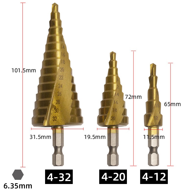 Bộ 3 Mũi Khoan Tháp VITO Chuôi Lục Giác Thép Gió HSS Mạ Titan 4-32mm Khoan Nhôm, Nhựa, Gỗ