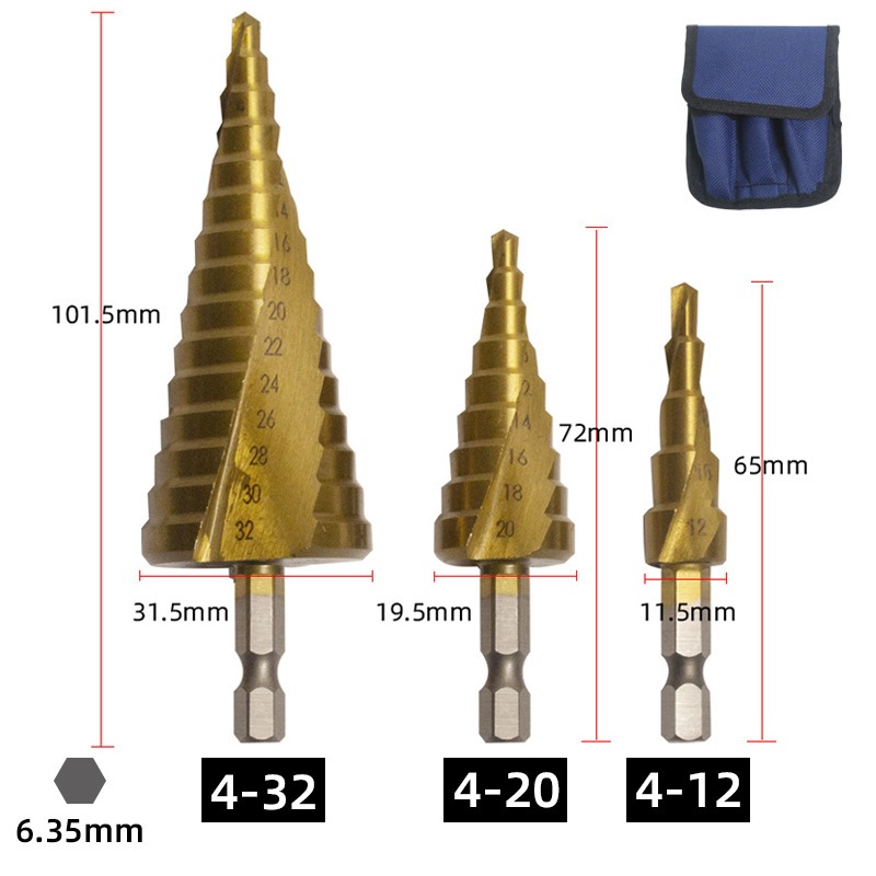 Bộ 3 Mũi Khoan Tháp VITO Chuôi Lục Giác Thép Gió HSS Mạ Titan 4-32mm Khoan Nhôm, Nhựa, Gỗ