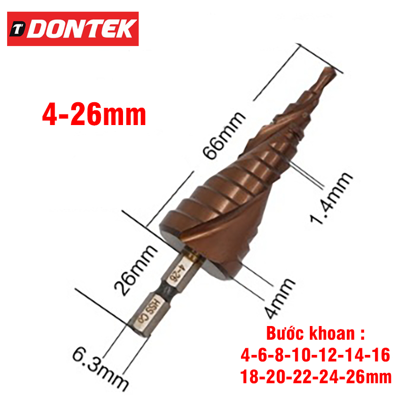 Mũi Khoan Bước Tháp Chuôi Lục Giác Thép HSS Co Phủ Cobalt VITO Các Kích Thước Chuyên Sắt, Thép, Inox,...