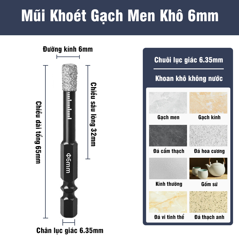 Mũi Khoan  Khoét Kính, Gạch Men, Đá Hoa, Thủy Tinh Khoan Khô VITO Đa Năng Chuôi Lục Giác 6.3mm 5-16mm