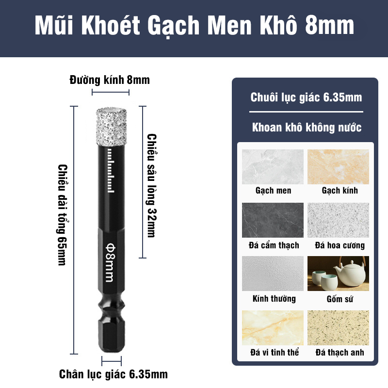 Mũi Khoan  Khoét Kính, Gạch Men, Đá Hoa, Thủy Tinh Khoan Khô VITO Đa Năng Chuôi Lục Giác 6.3mm 5-16mm