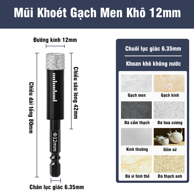 Mũi Khoan  Khoét Kính, Gạch Men, Đá Hoa, Thủy Tinh Khoan Khô VITO Đa Năng Chuôi Lục Giác 6.3mm 5-16mm