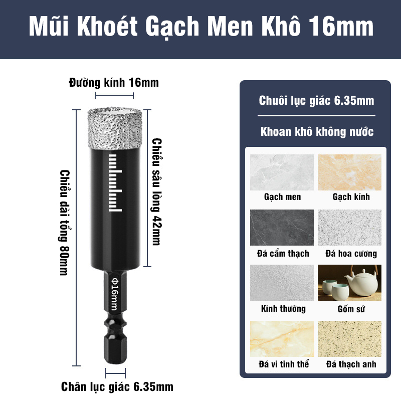 Mũi Khoan  Khoét Kính, Gạch Men, Đá Hoa, Thủy Tinh Khoan Khô VITO Đa Năng Chuôi Lục Giác 6.3mm 5-16mm