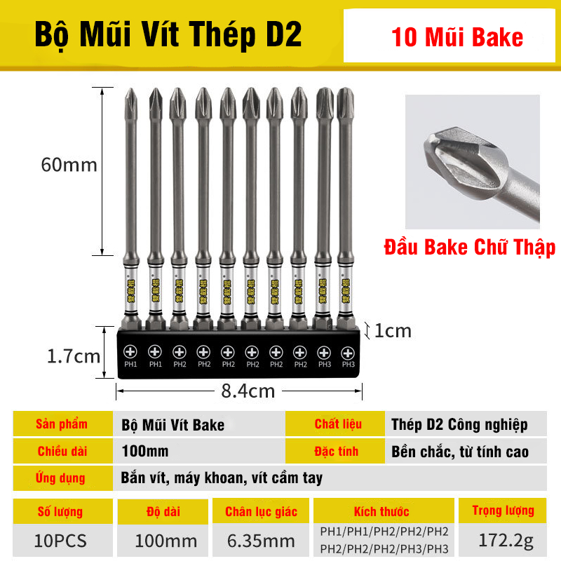 Bộ 10 Mũi Bắn Vít Dài 50mm Thép D2 Công Nghiệp Siêu Cứng VITO Từ Tính Cao Chân Lục Giác Ngắn