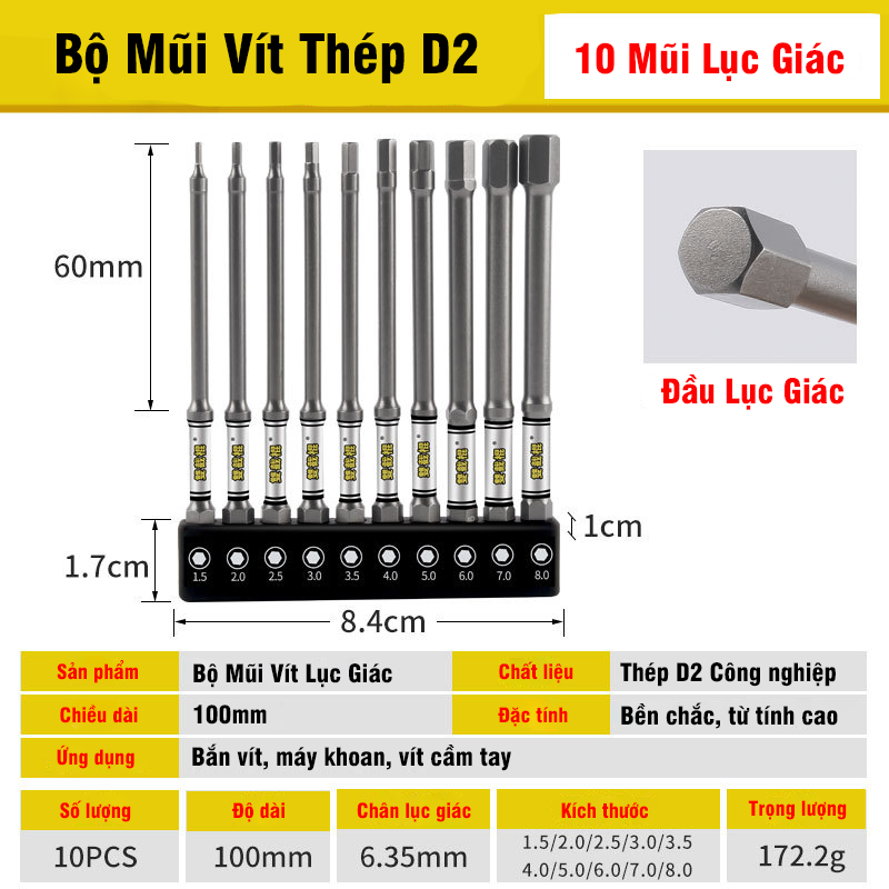 Bộ 10 Mũi Bắn Vít Dài 50mm Thép D2 Công Nghiệp Siêu Cứng VITO Từ Tính Cao Chân Lục Giác Ngắn