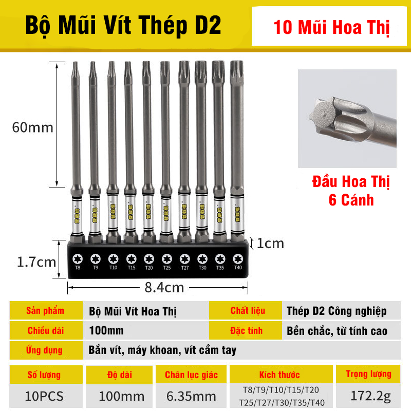 Bộ 10 Mũi Bắn Vít Dài 50mm Thép D2 Công Nghiệp Siêu Cứng VITO Từ Tính Cao Chân Lục Giác Ngắn