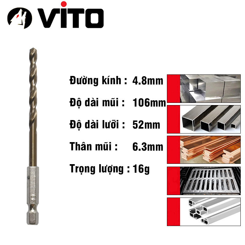 Mũi Khoan Xoắn Thép HSS Co 5% Cobalt Khoan Sắt Thép Chân Lục Giác