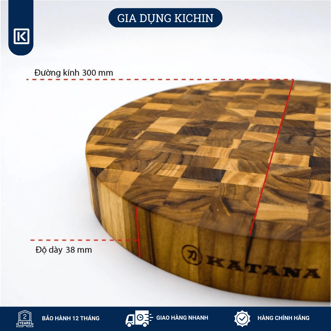 Thớt gỗ teak cao cấp KICHIN loại dày 3.8cm TKT04 - thớt tròn kích thước 38x300x300mm