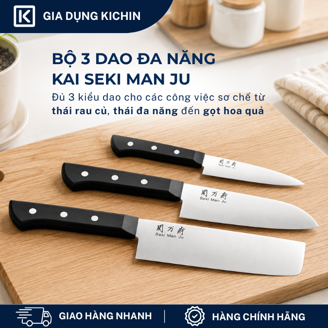 Bộ 3 dao Nhật cao cấp KAI Ấn Seki ManJu -  Thái đa năng - Rau củ - Gọt hoa quả MANJU-SET3