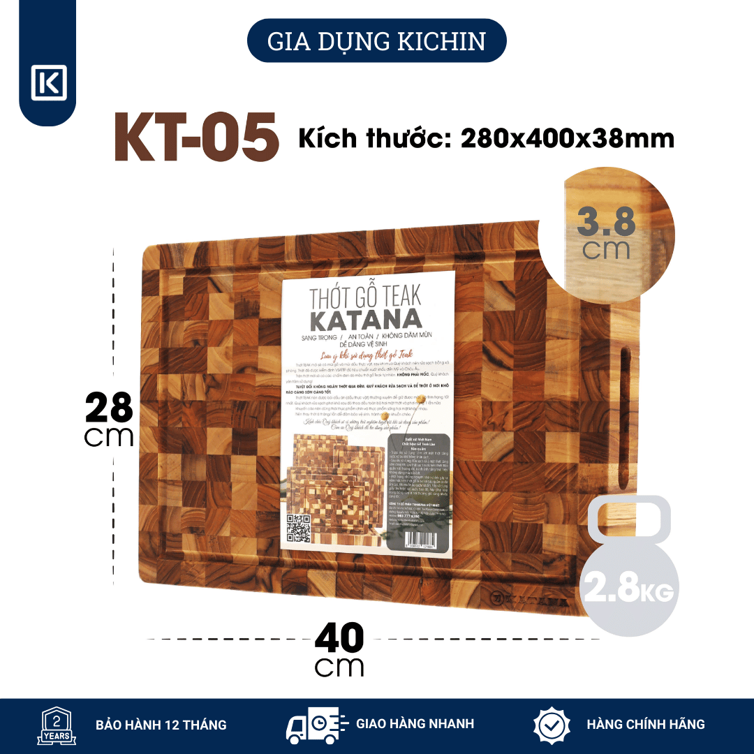 Thớt gỗ teak cao cấp KATANA cỡ lớn dày 3.8cm KT05 - thớt hình chữ nhật kích thước 38x280x400mm