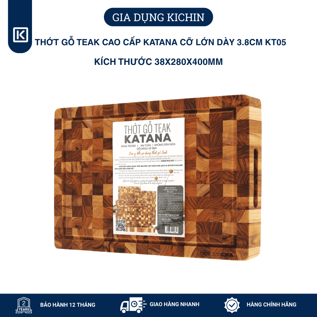 Thớt gỗ teak cao cấp KATANA cỡ lớn dày 3.8cm KT05 - thớt hình chữ nhật kích thước 38x280x400mm