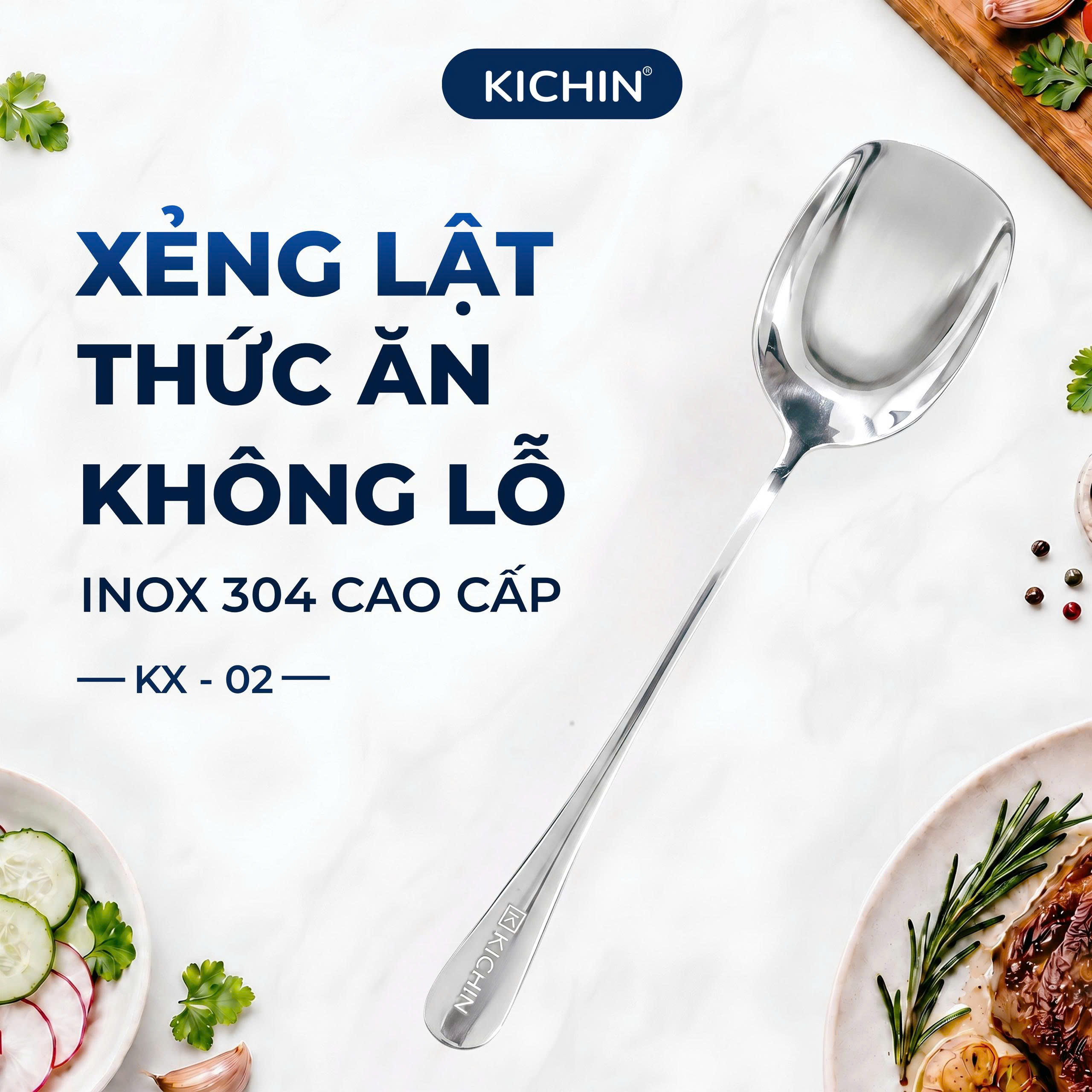 Xẻng lật thức ăn không lỗ cao cấp inox 304 thương hiệu Kichin KX-02