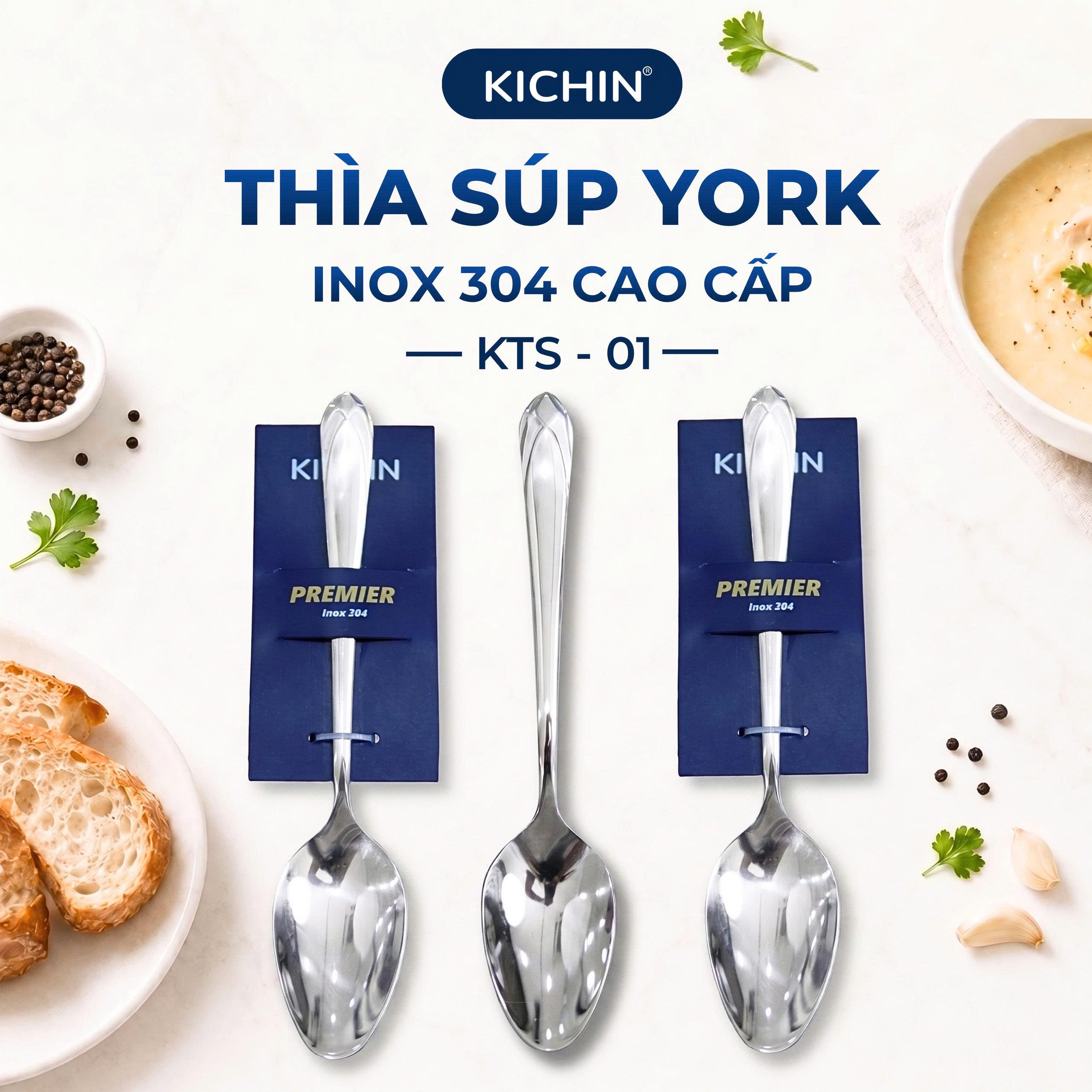 Combo 3 thìa súp cao cấp inox304 cao cấp thương hiệu Kichin