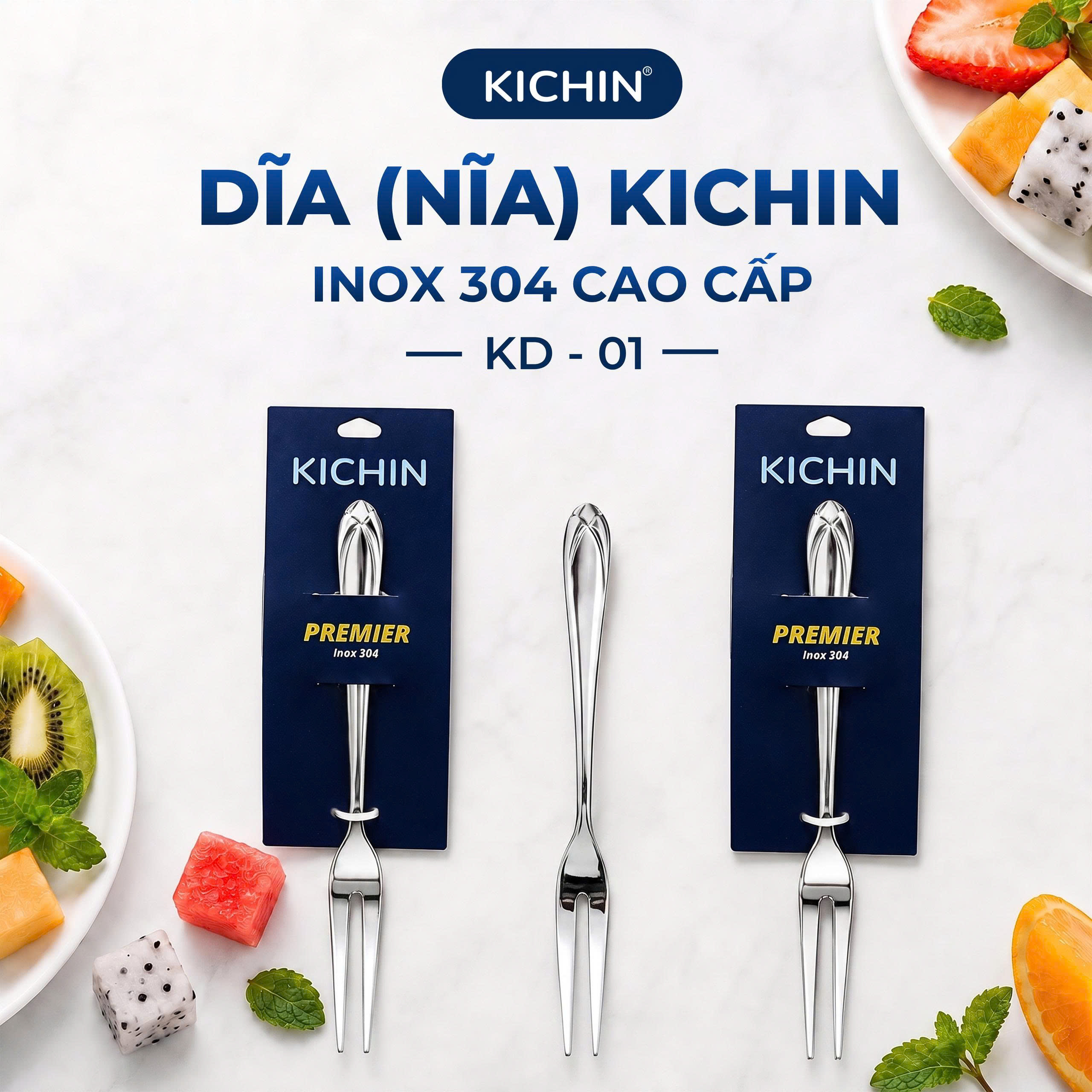 Dĩa( nĩa) cao cấp inox304 thương hiệu Kichin - Ăn trái cây, bánh ngọt, tráng miệng sáng bóng, bền đẹp