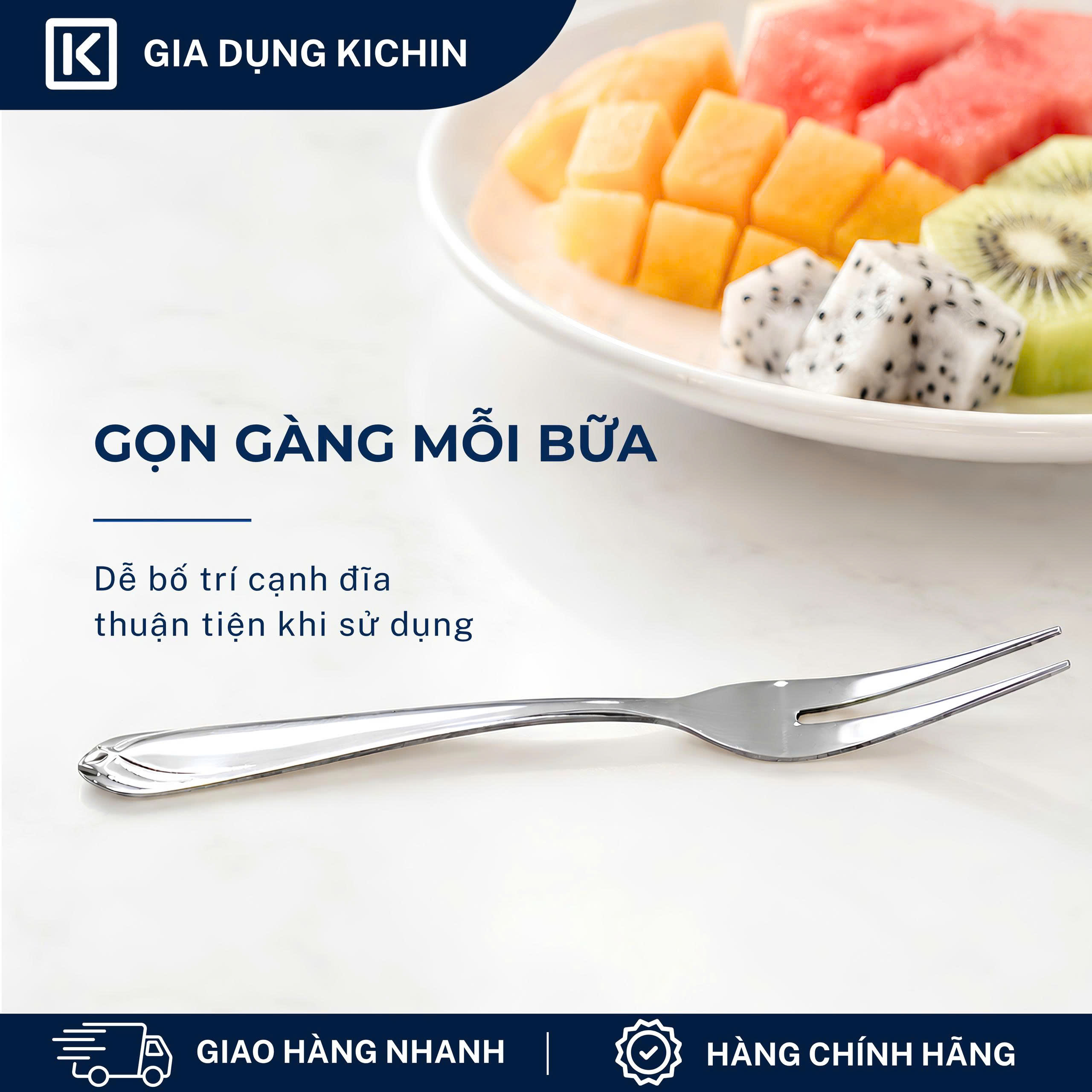 Dĩa( nĩa) cao cấp inox304 thương hiệu Kichin - Ăn trái cây, bánh ngọt, tráng miệng sáng bóng, bền đẹp
