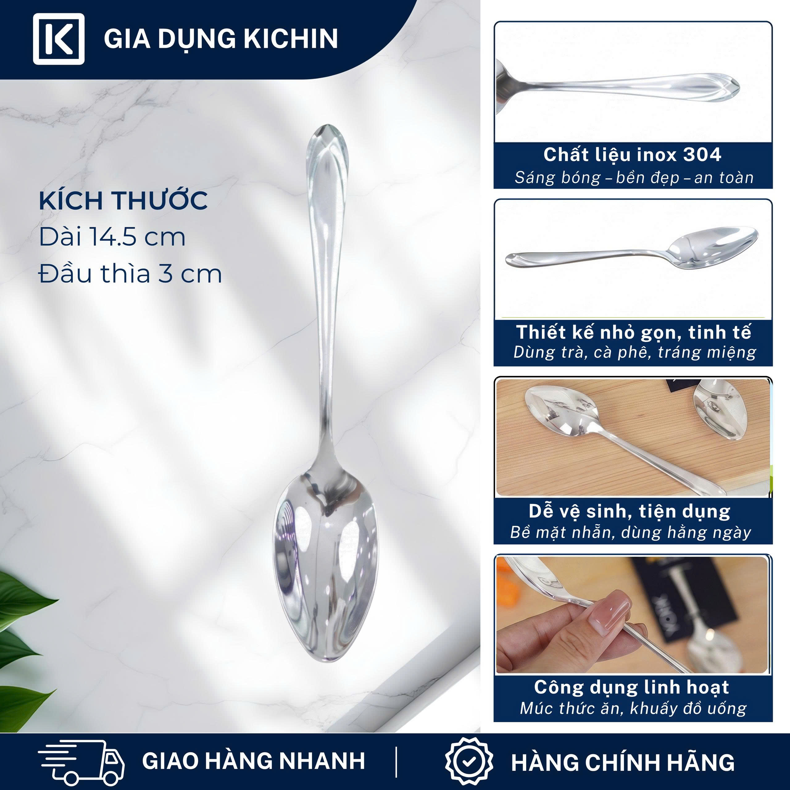 Combo 3 thìa trà cao cấp inox304 thương hiệu Kichin- Sáng bóng, bền đẹp, sang trọng