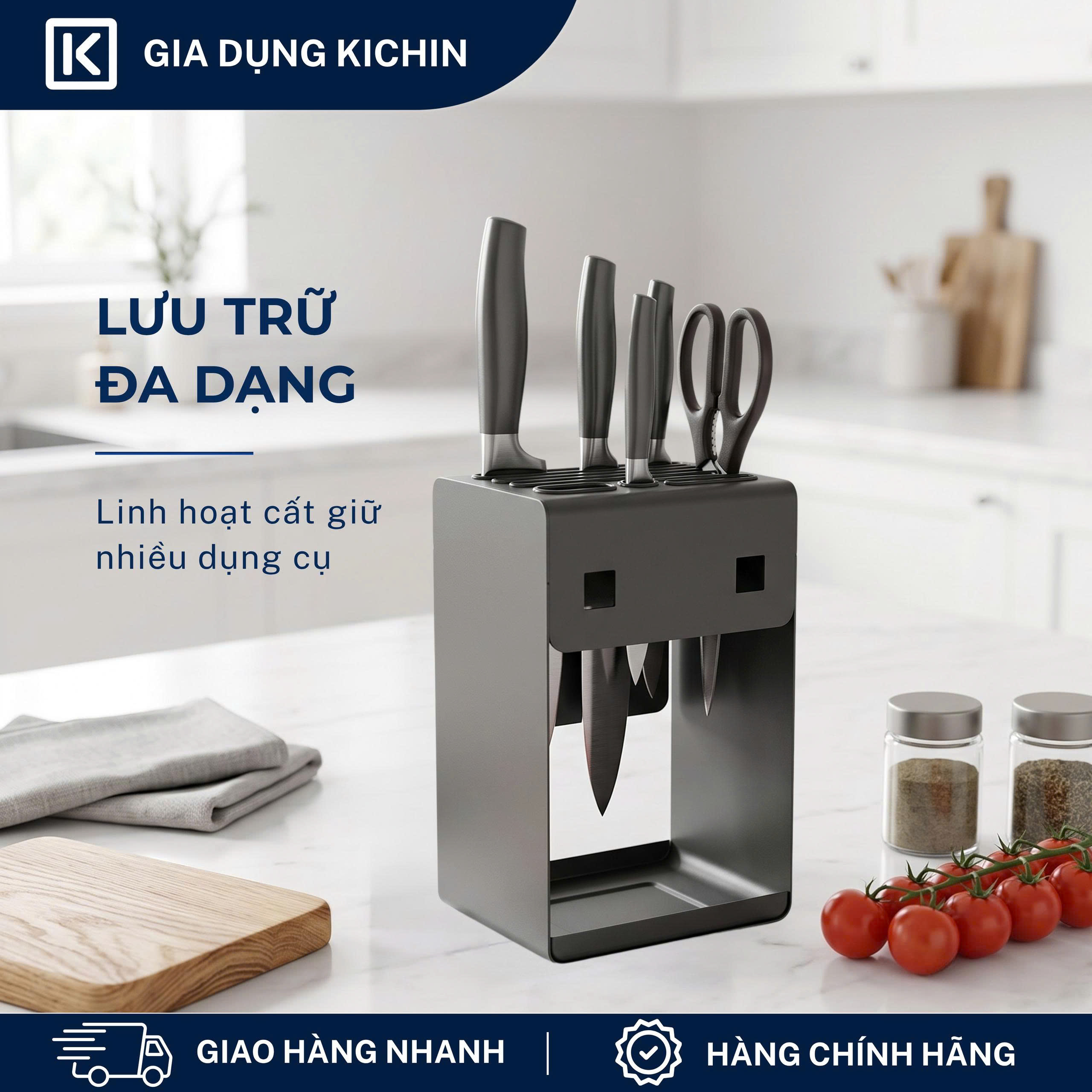 Hộp cắm dao để bàn 5 rãnh thép chống gỉ cao cấp KICHIN - HC01 (12x15x23cm)