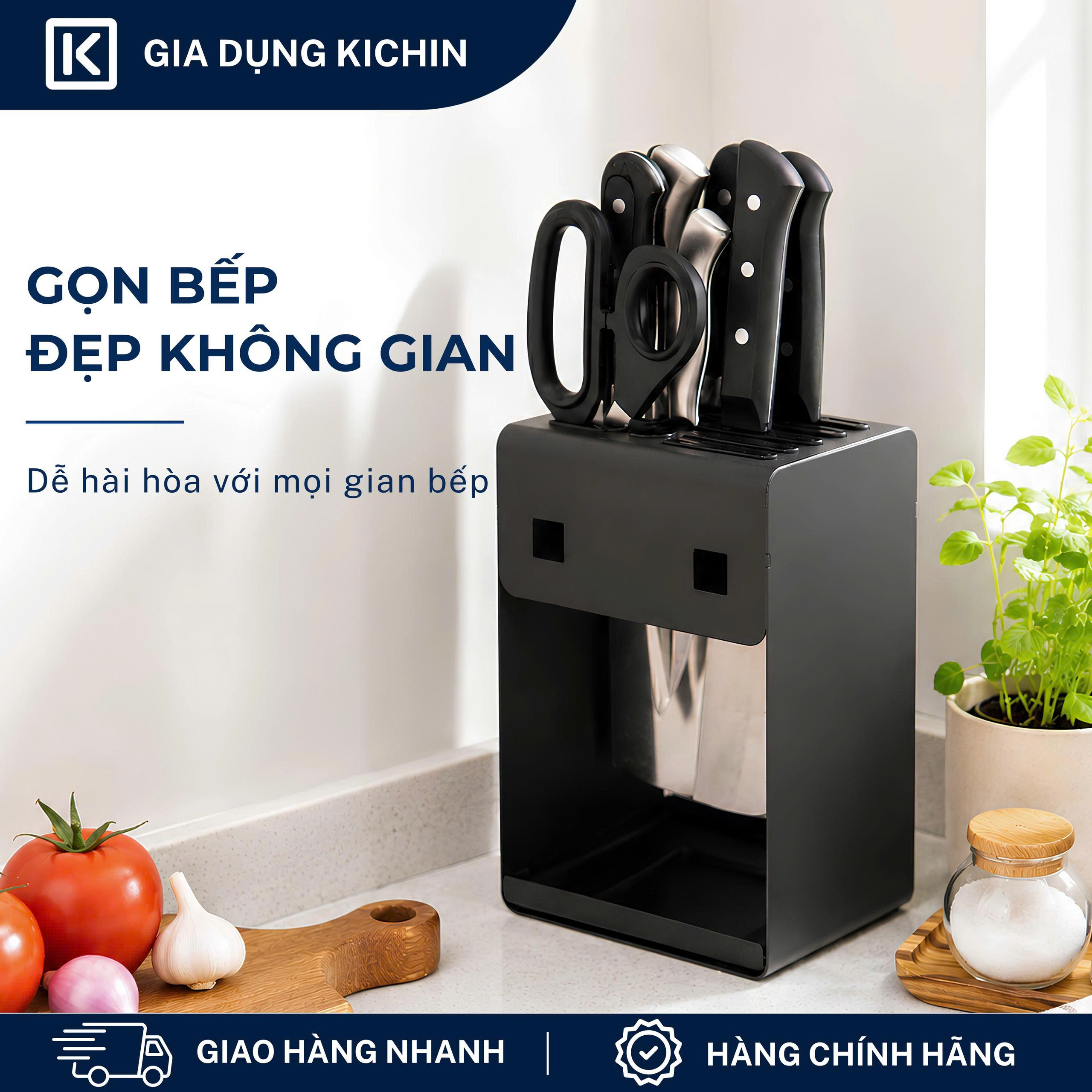 Hộp cắm dao để bàn 5 rãnh thép chống gỉ cao cấp KICHIN - HC01 (12x15x23cm)