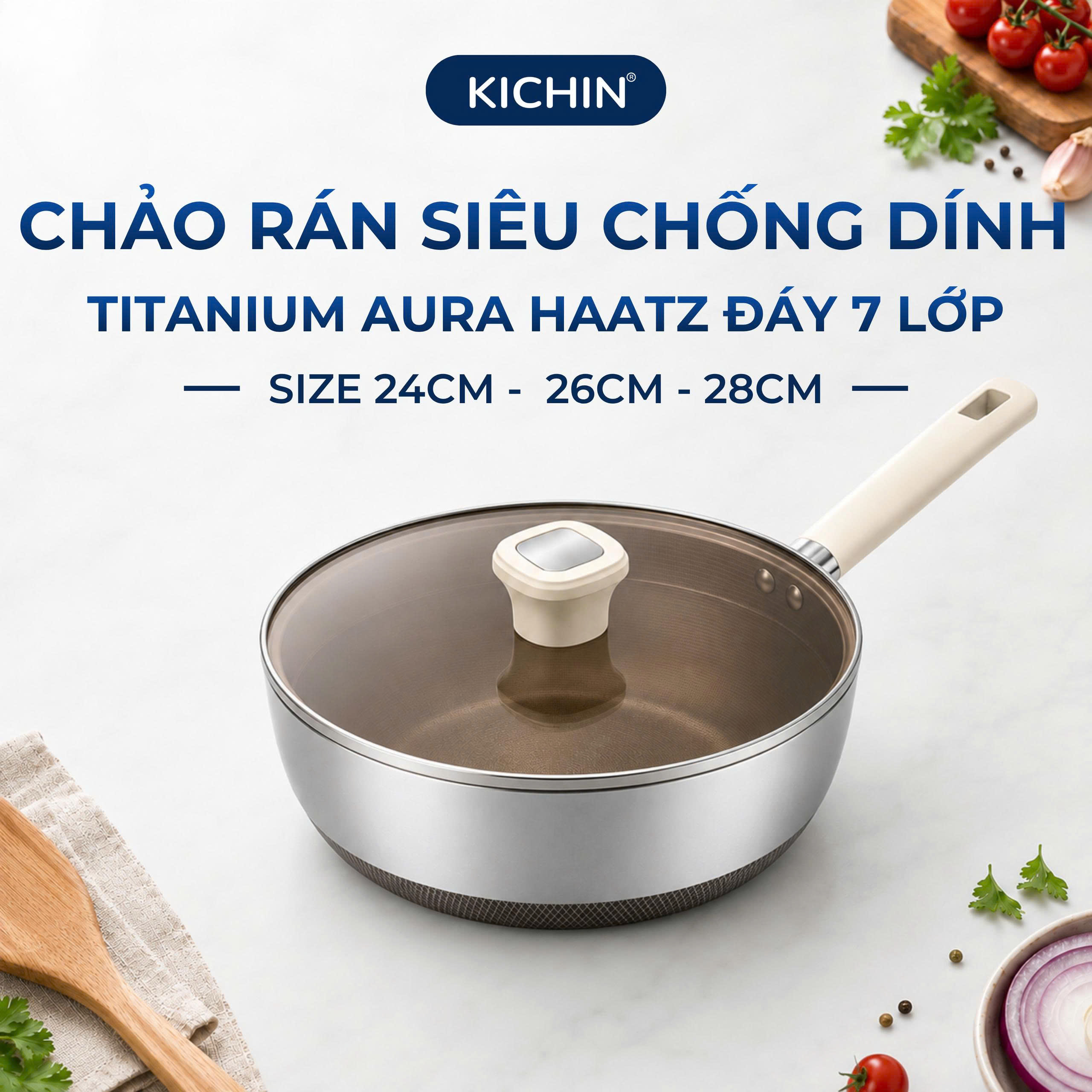 Chảo rán siêu chống dính Titanium Aura Haatz đáy 7 lớp , thành đứng, sâu lòng