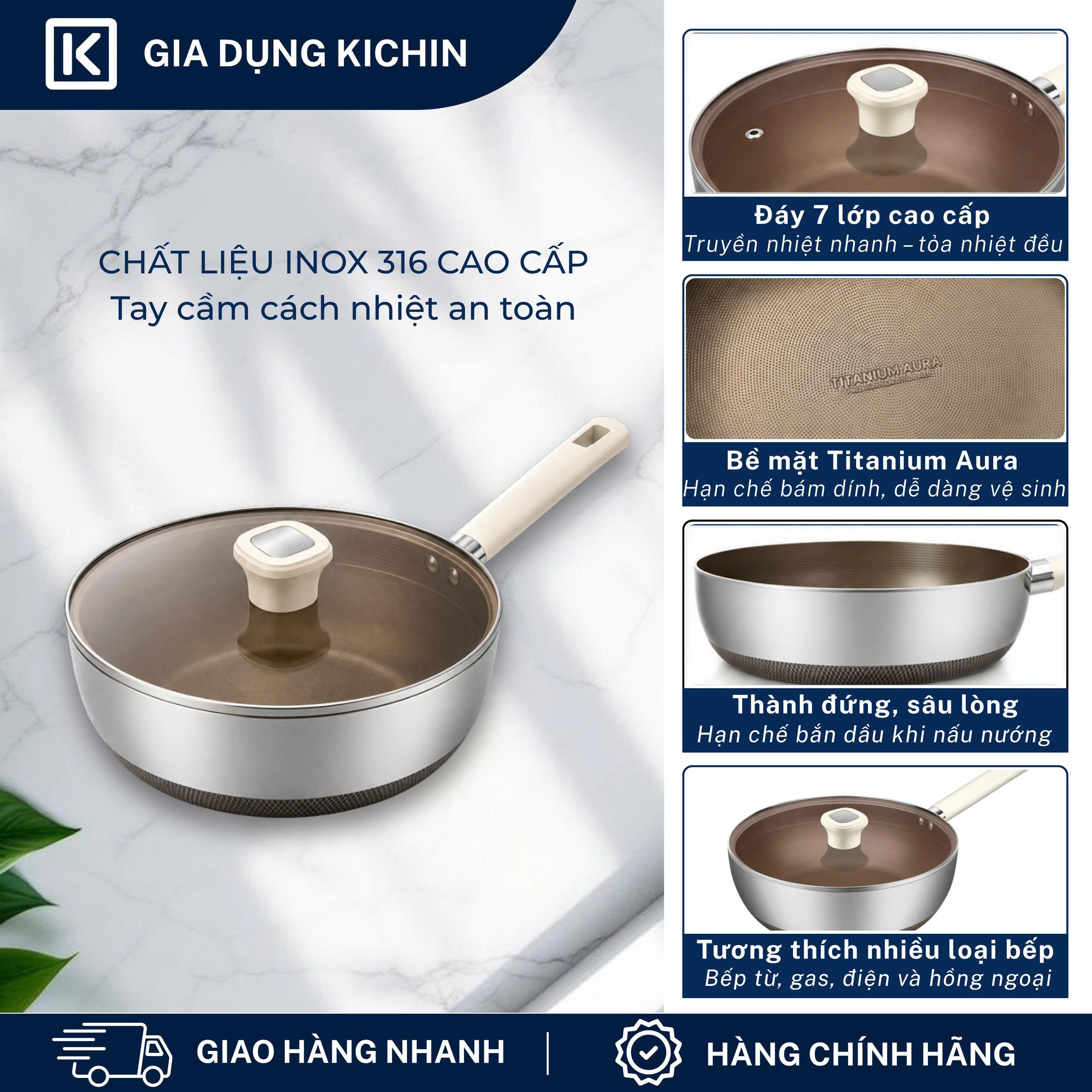 Chảo rán siêu chống dính Titanium Aura Haatz đáy 7 lớp , thành đứng, sâu lòng