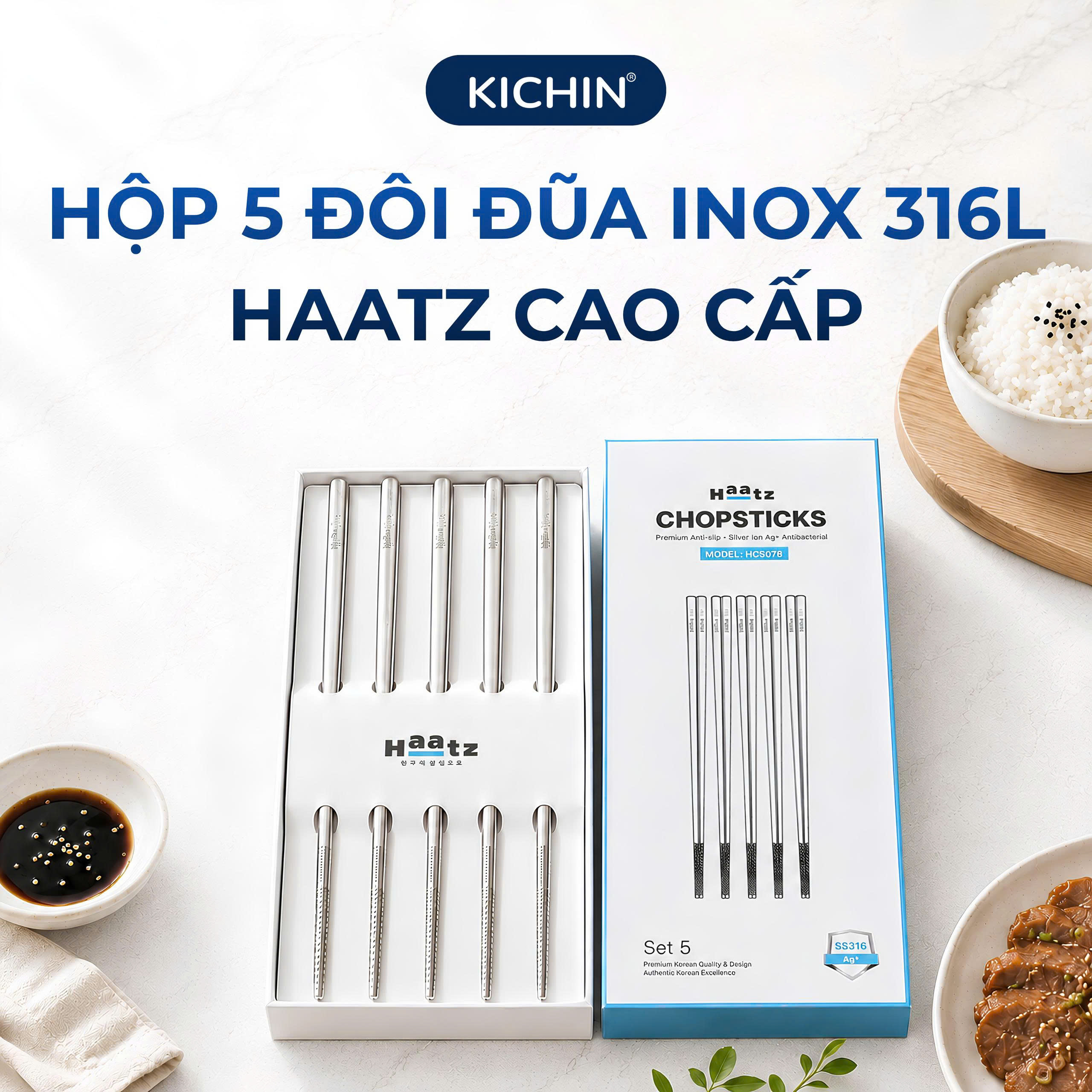 Hộp 5 đôi đũa Inox 316L cao cấp nano bạc HAATZ - Siêu bền, an toàn , đầu đũa chống trượt