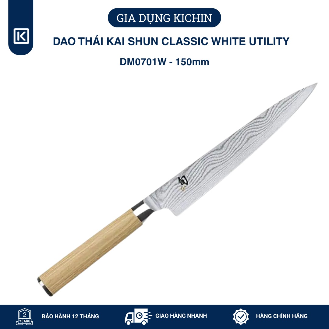 Dao thái đa dụng cao cấp KAI Nhật Bản - Shun Classic White Utility thép VG-Max Damascus 69 lớp DM0701W (150mm)