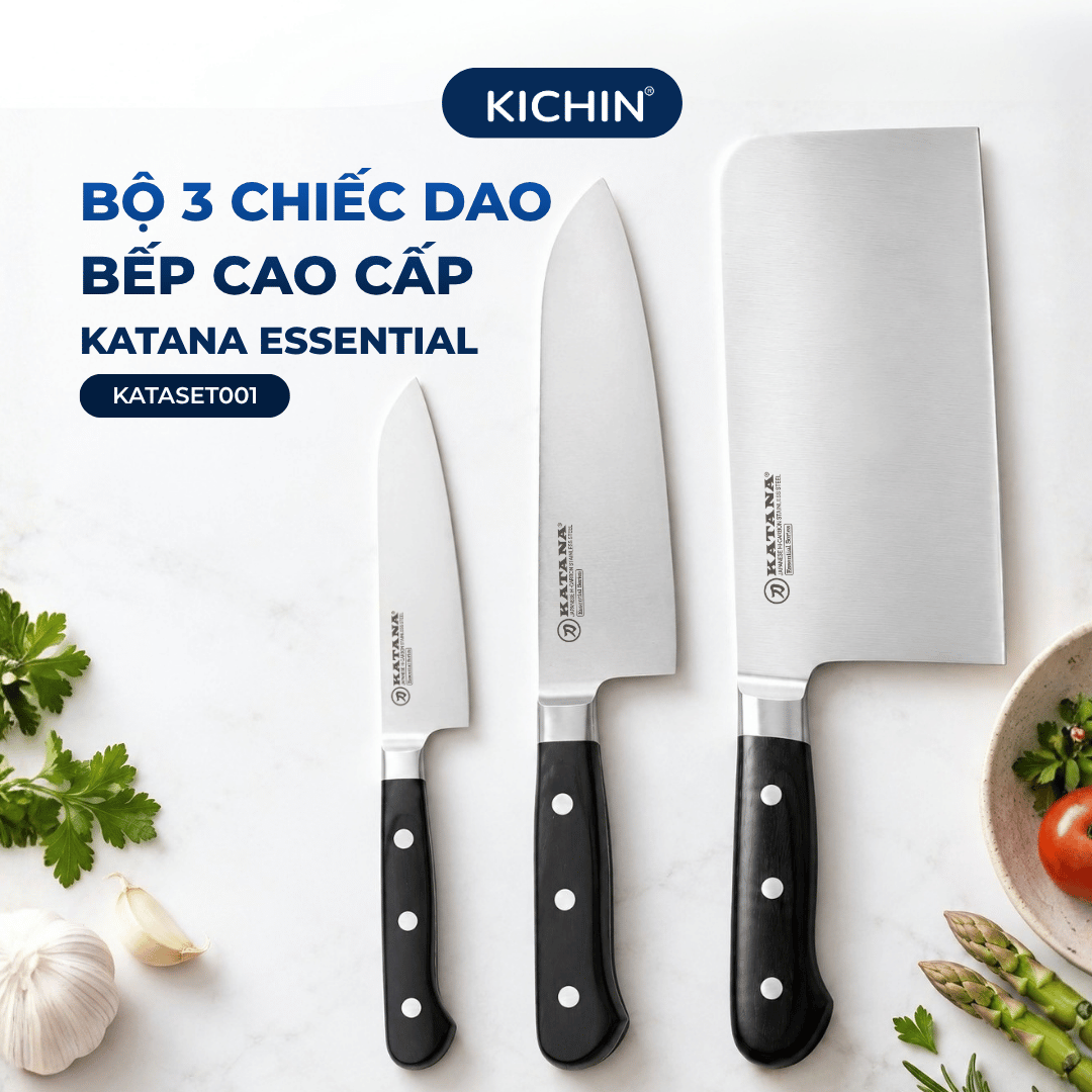 Bộ 3 chiếc dao bếp cao cấp thương hiệu KATANA Essential - Dao chặt - Dao thái - Dao gọt hoa quả - KATASET001