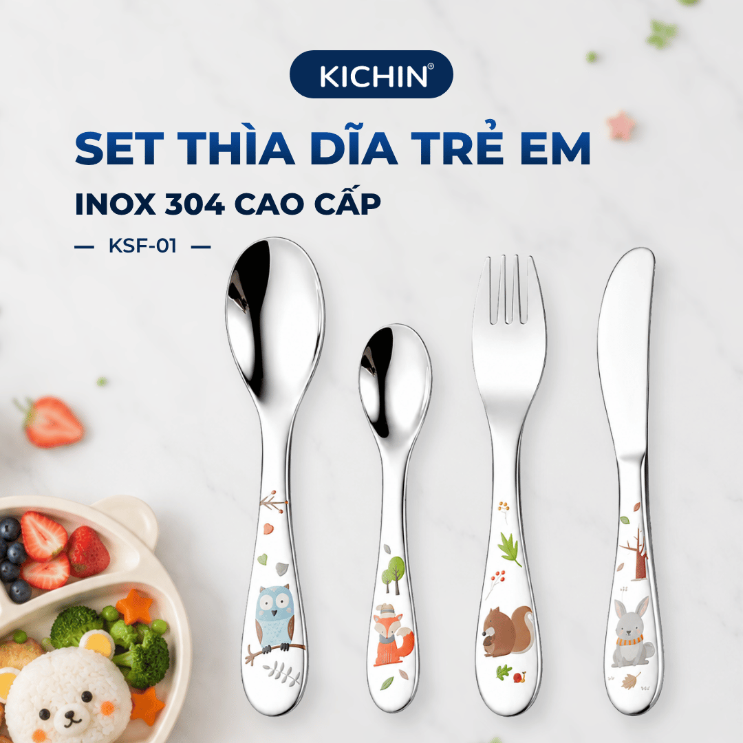 Set Thìa Dĩa Trẻ Em Inox 304 Cao Cấp KICHIN - Họa Tiết Động vật, An Toàn Cho Bé KSF-01