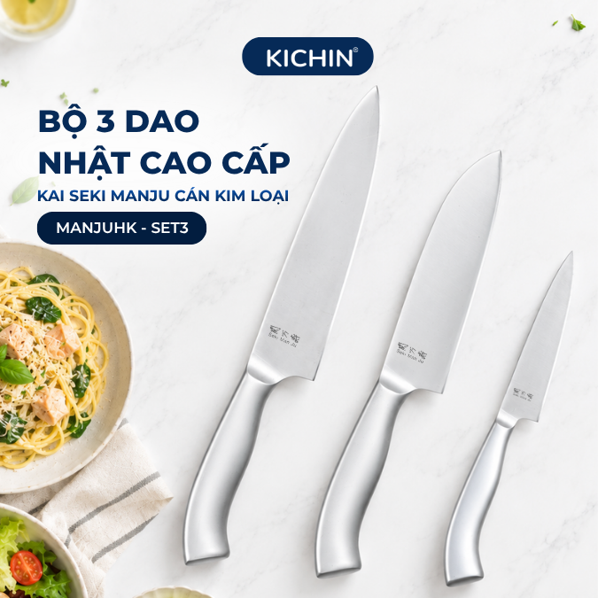 Bộ 3 dao Nhật cao cấp KAI Seki ManJu cán kim loại - Thái thịt cá - Thái đa năng - Gọt hoa quả MANJUHK-SET3