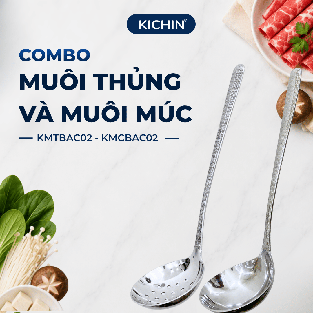 Combo 2 Muôi Múc Canh và Muôi Thủng Inox 304 Cao Cấp KICHIN - Cán Vân Ánh Bạc Sang Trọng, Chống Gỉ