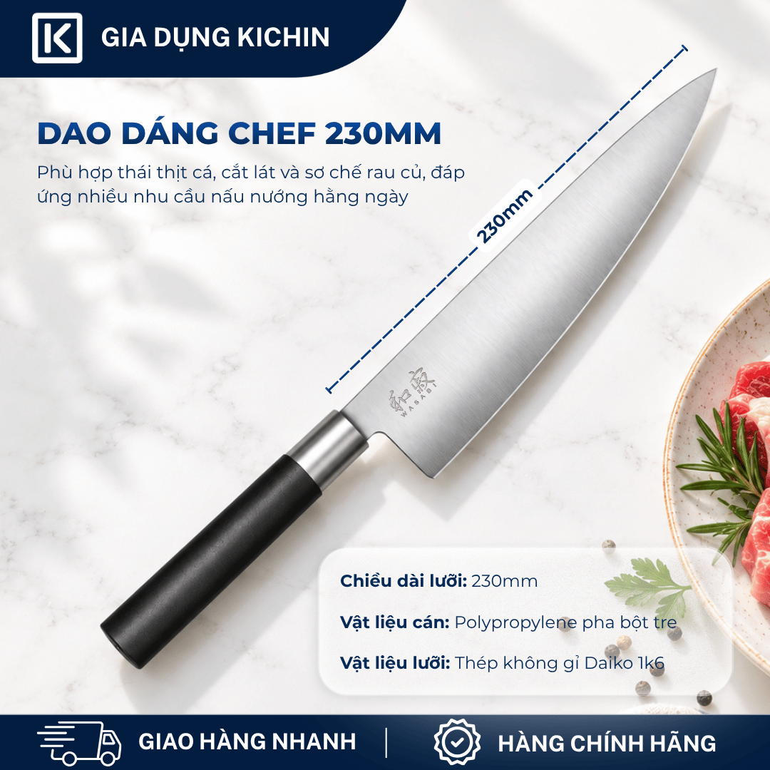Dao thái thịt cá Nhật Bản cao cấp KAI Wasabi Black Chef - 6723C (230mm)